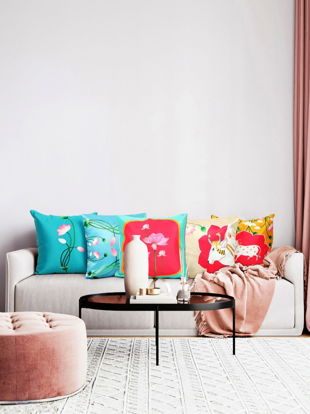 

Vendola Blue & Pink 5 Pieces Satin Square Cushion Covers