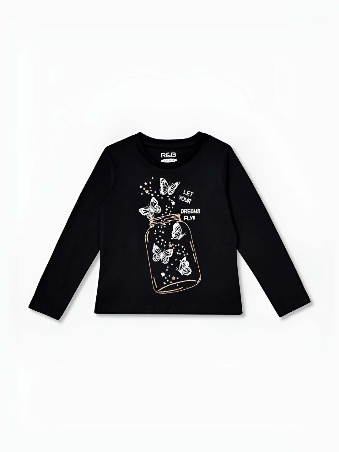

R&B Girls Graphic Printed Round Neck Cotton T-shirt, Black