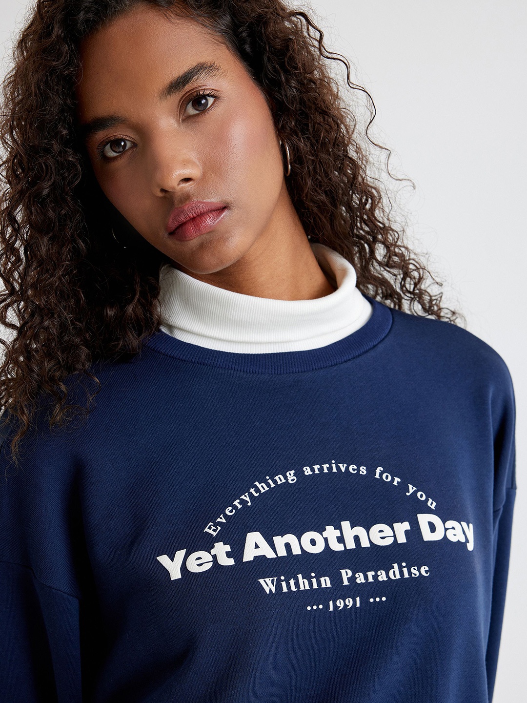 

Koton Women Typography Printed Round Neck Cotton Pullover Sweatshirt, Navy blue
