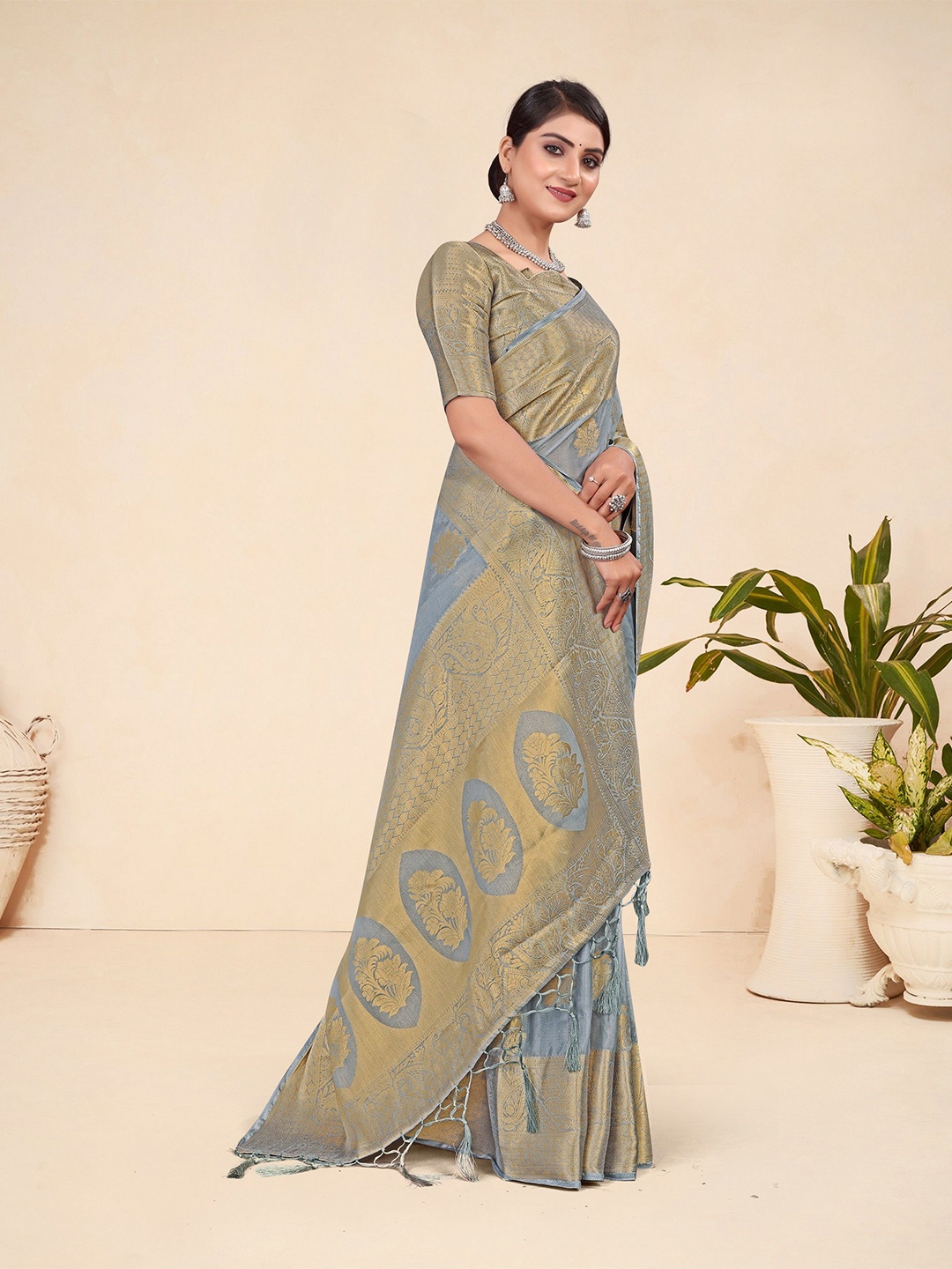 

VARNI FABRICS Woven Design Zari Saree, Grey