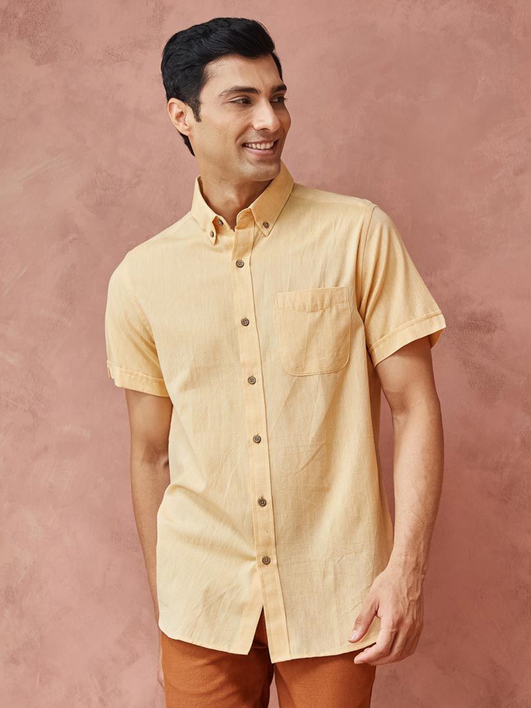 

Fabindia Men Button-Down Collar Solid Cotton Relaxed Fit Casual Shirt, Yellow