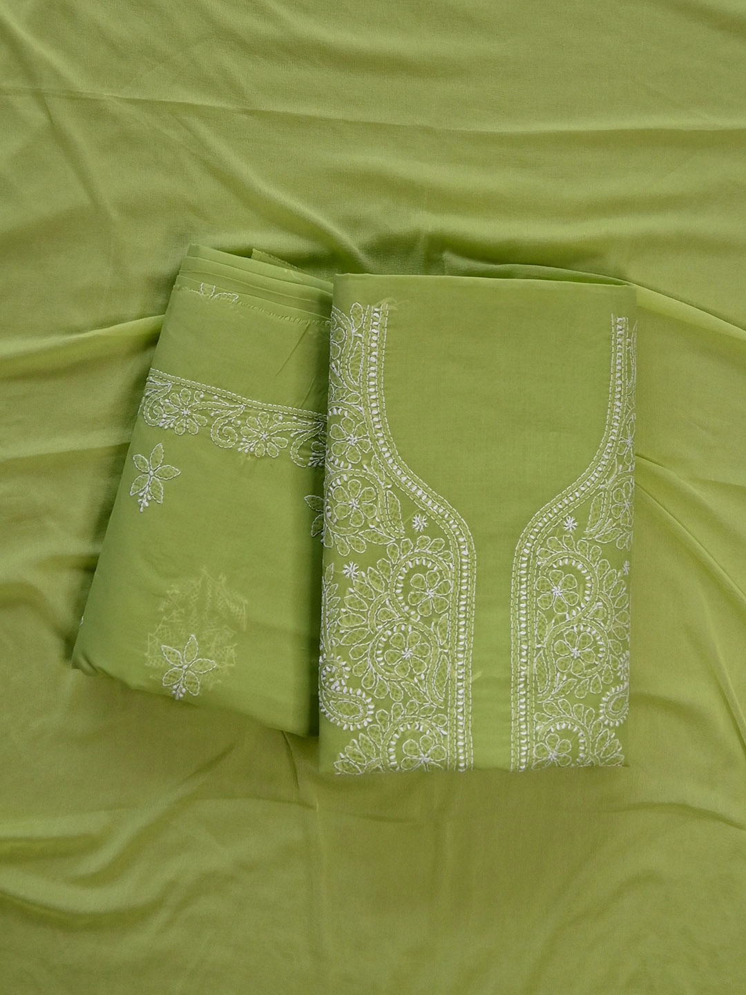 

Seva Chikan Embroidered Unstitched Dress Material, Green