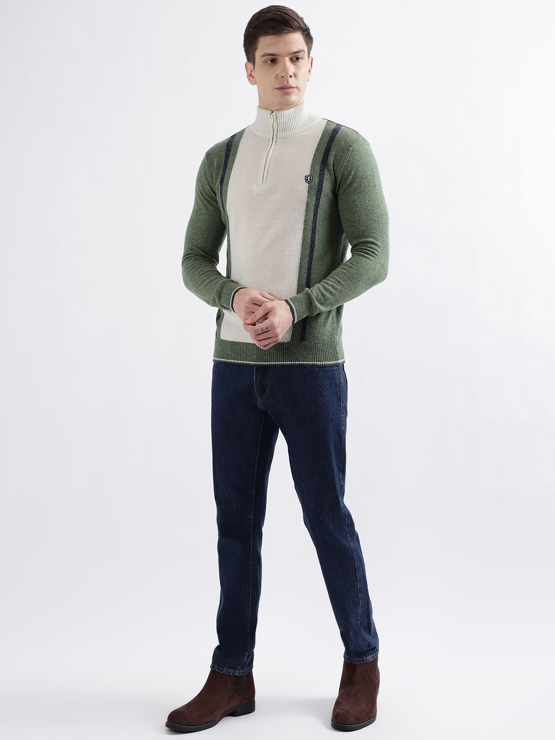 

Iconic Men Colourblocked Woollen Pullover, Olive