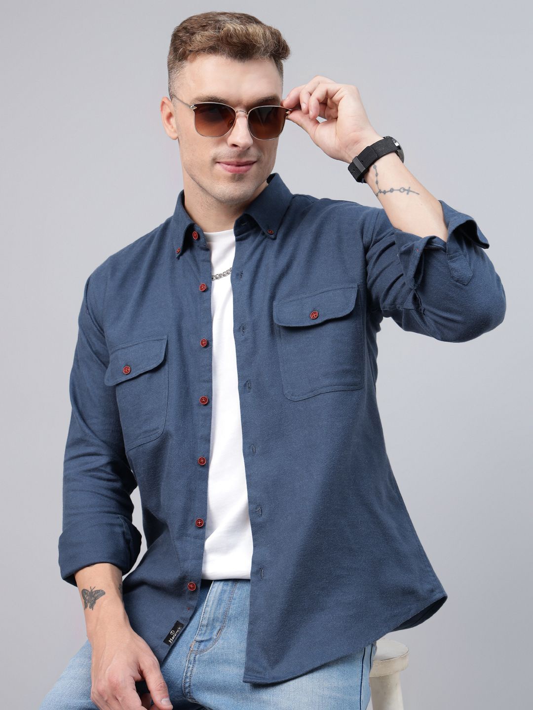 

Hancock Men Button-Down Collar Solid Cotton Slim Fit Casual Shirt, Blue