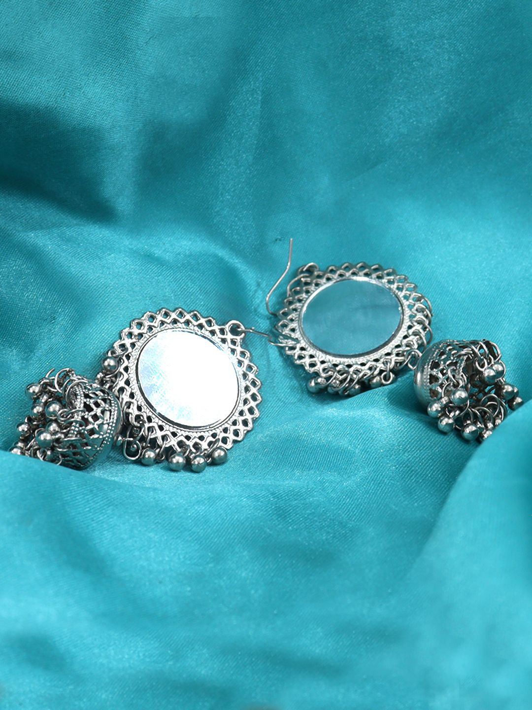 

FIMBUL Silver-Plated Oxidised Mirror Work Dome-Shaped Jhumkas