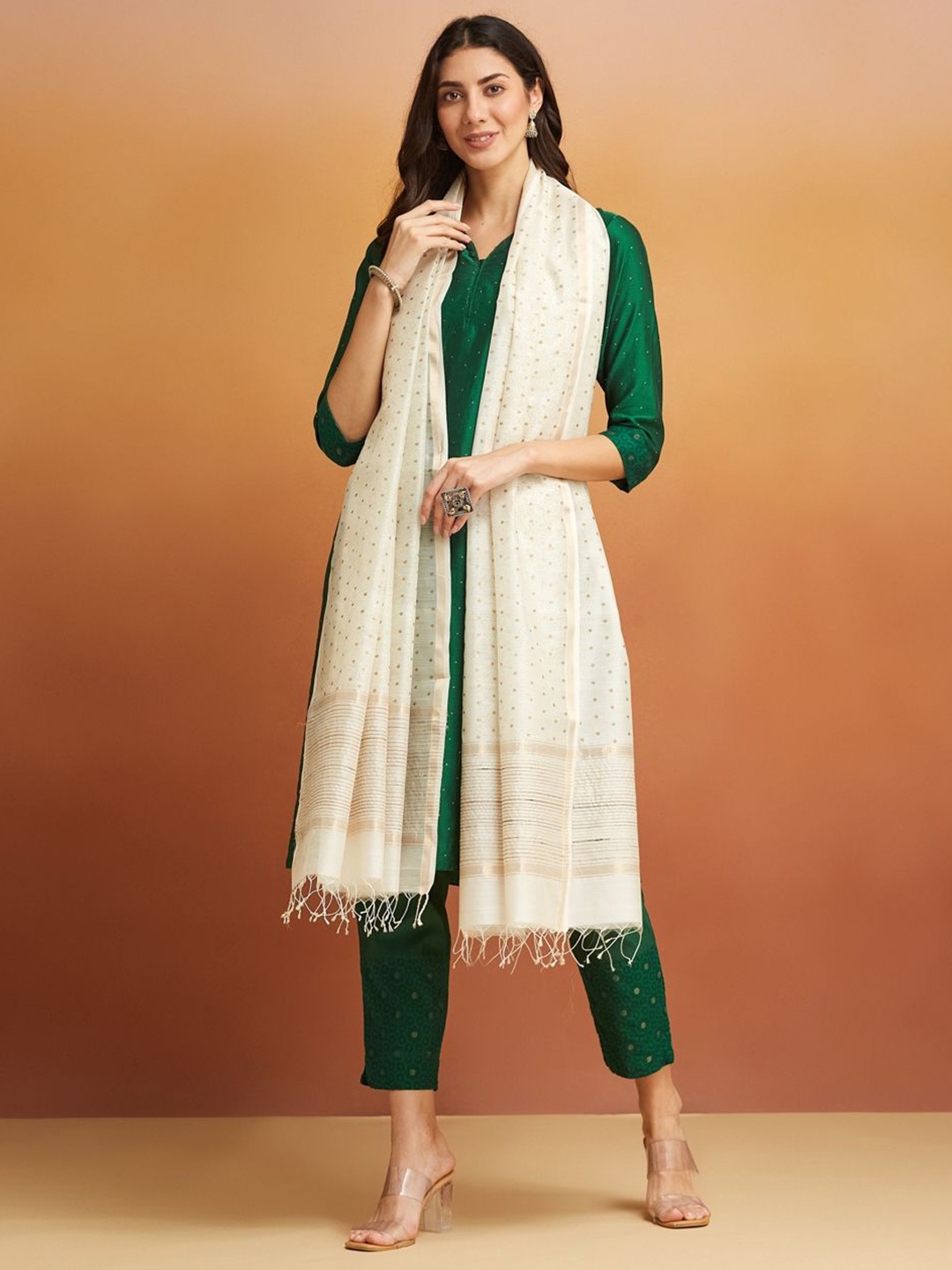 

Fabindia Ethnic Motifs Printed Cotton Silk Dupatta, Beige