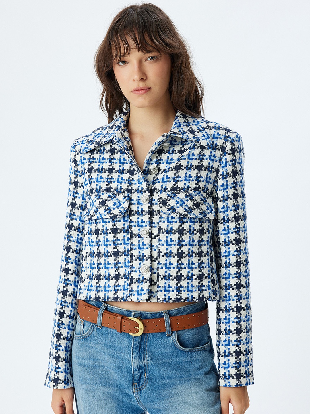 

Koton Women Checked Crop Tailored Jacket with Embroidered, Blue
