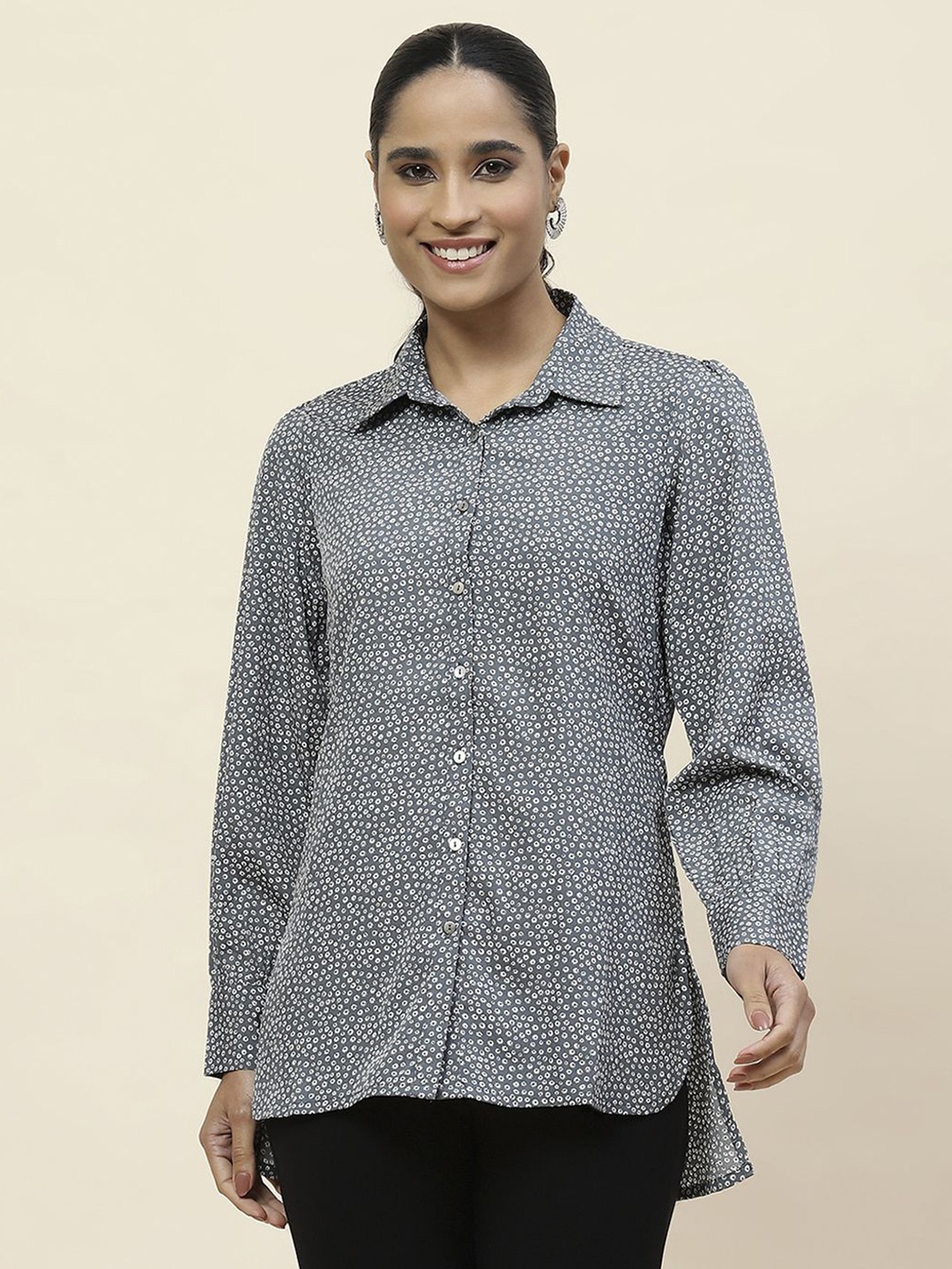 

Lakshita Women Classic Spread Collar Floral Printed Crepe Tailored Fit Casual Shirt, Grey