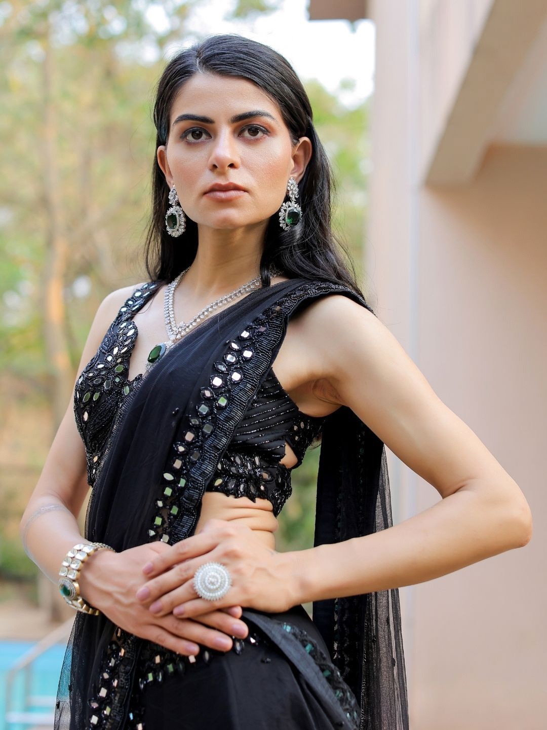 

Foram Patel Mirror Work Pure Georgette Lehenga Saree, Black