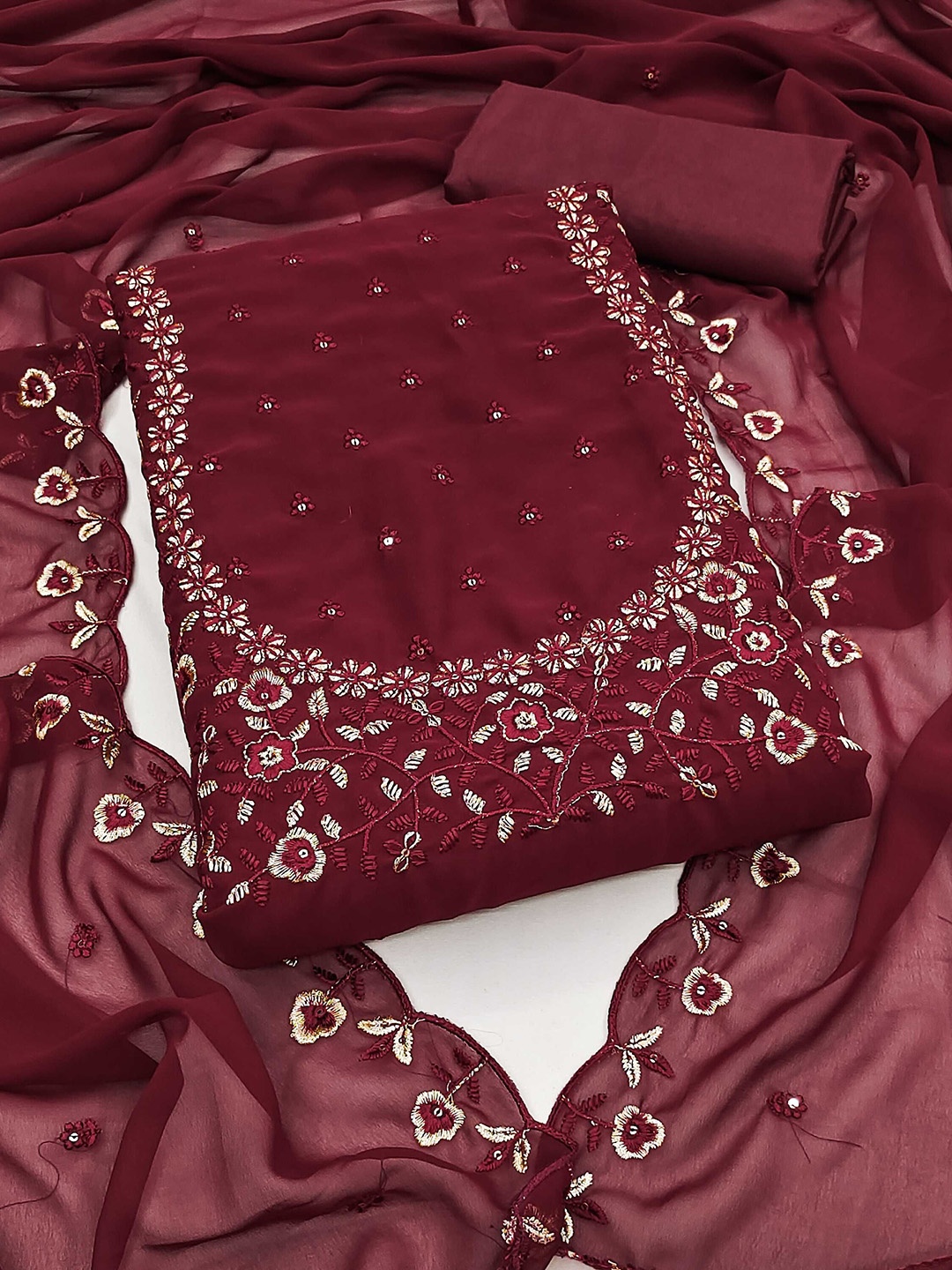 

Panzora Embroidered Unstitched Dress Material, Maroon