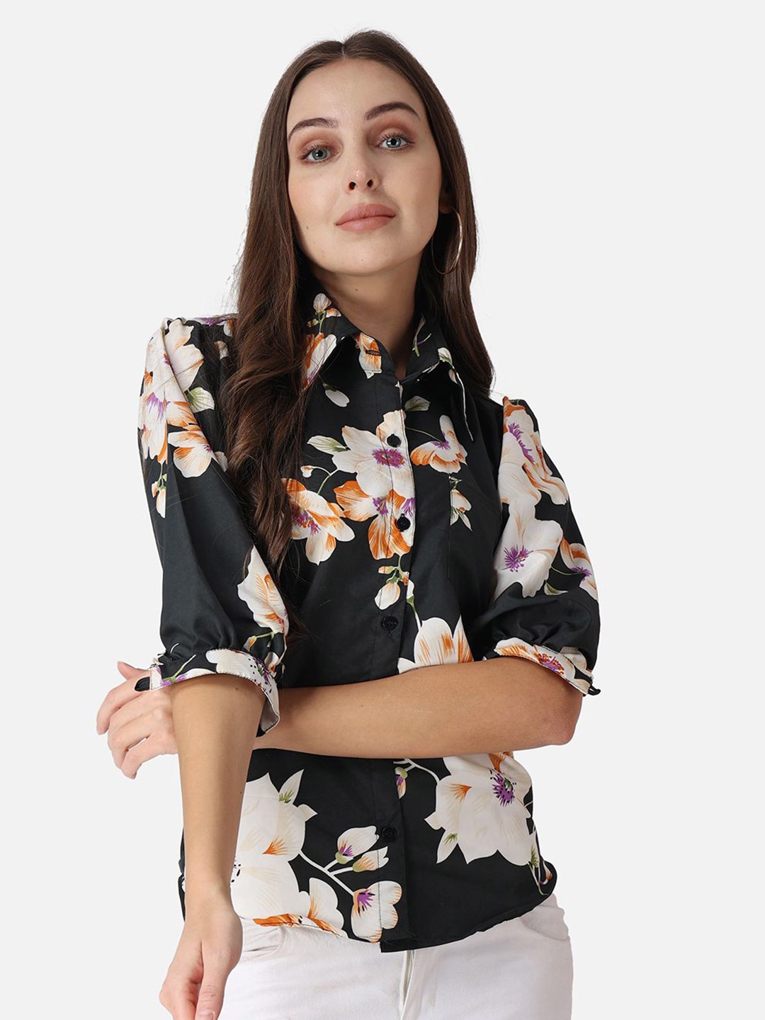 

MINOS Women Classic Slim Fit Floral Printed Spread Collar Casual Shirt, Black