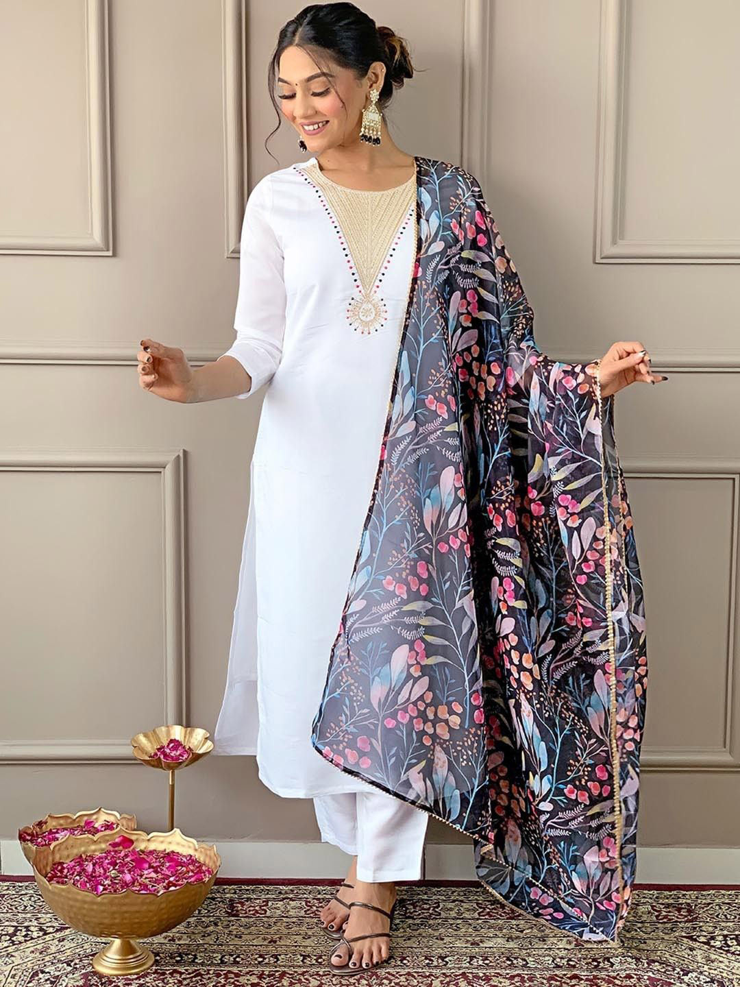 

CaniBani Women Ethnic Motifs Embroidered Regular Kurta with Trousers & With Dupatta, Black