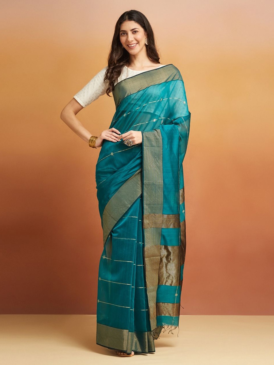 

Fabindia Green Cotton Silk Blend Maheshwari Sari