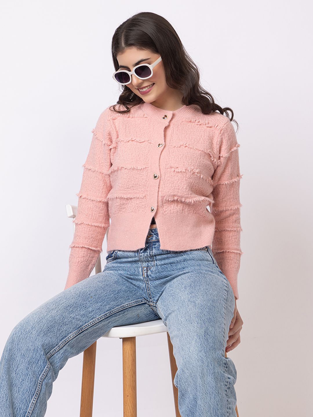 

GFO Women Solid Round Neck Crop Sweaters, Peach