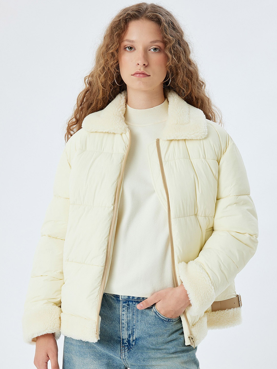 

Koton Women Floral Longline Puffer Jacket, Beige