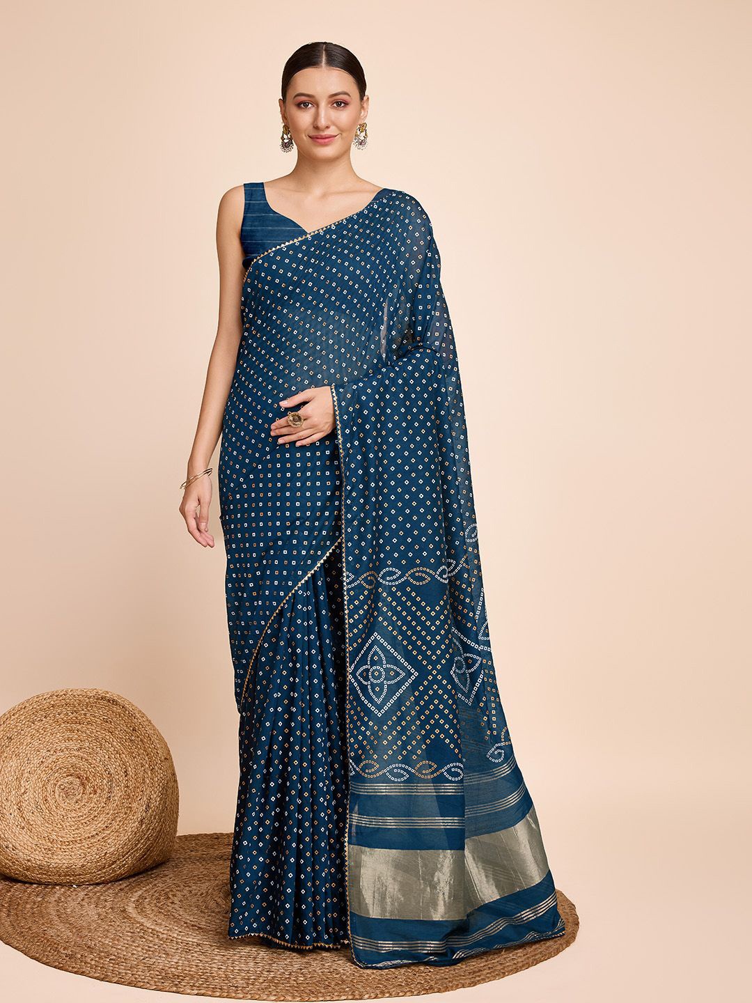 

JULEE Bandhani Printed Pure Silk Bandhani Saree, Teal