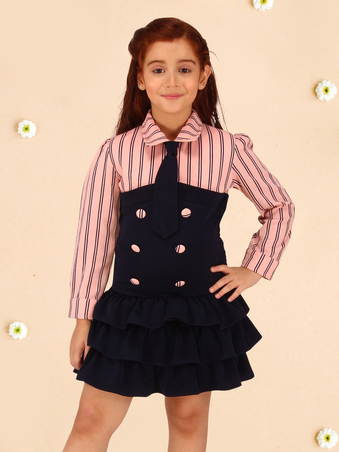 

CUTECUMBER Girls Shirt Collar Cuffed Sleeves Striped Applique Fit & Flare Dress, Navy blue