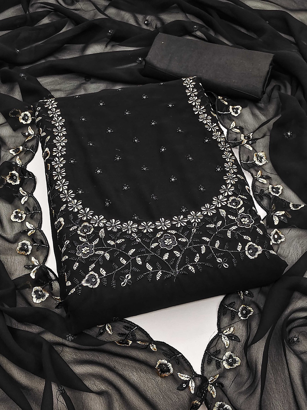 

Panzora Embroidered Unstitched Dress Material, Black