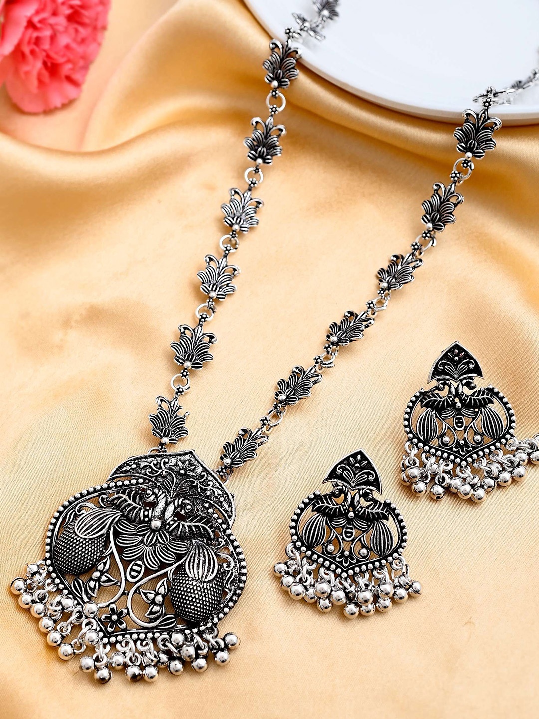 

VOJ Oxidised Silver-Plated Stainless Steel Oxidized Long Necklace With Earrings