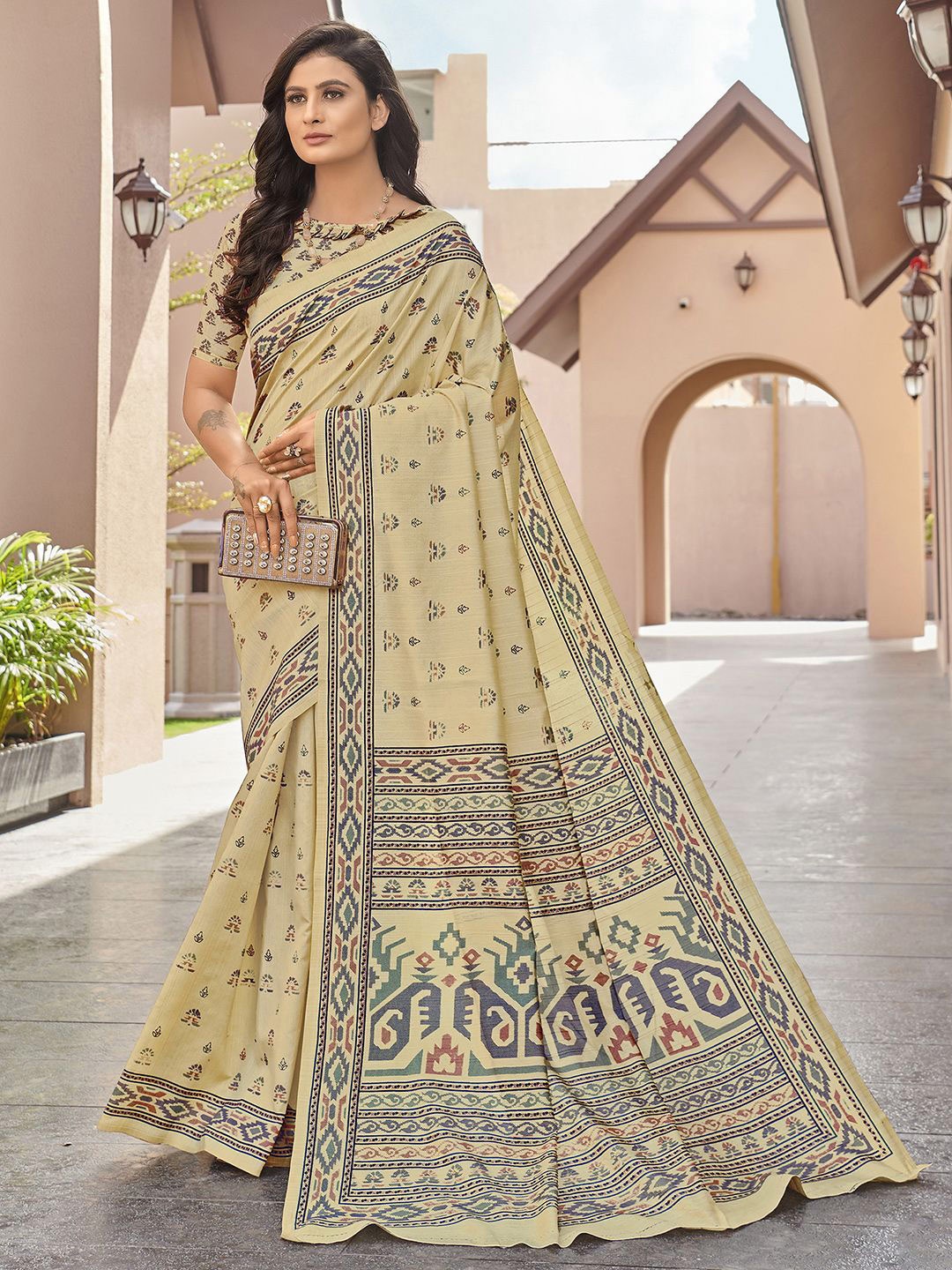 

KALINI Floral Printed Ikat Saree with Blouse Piece, Beige