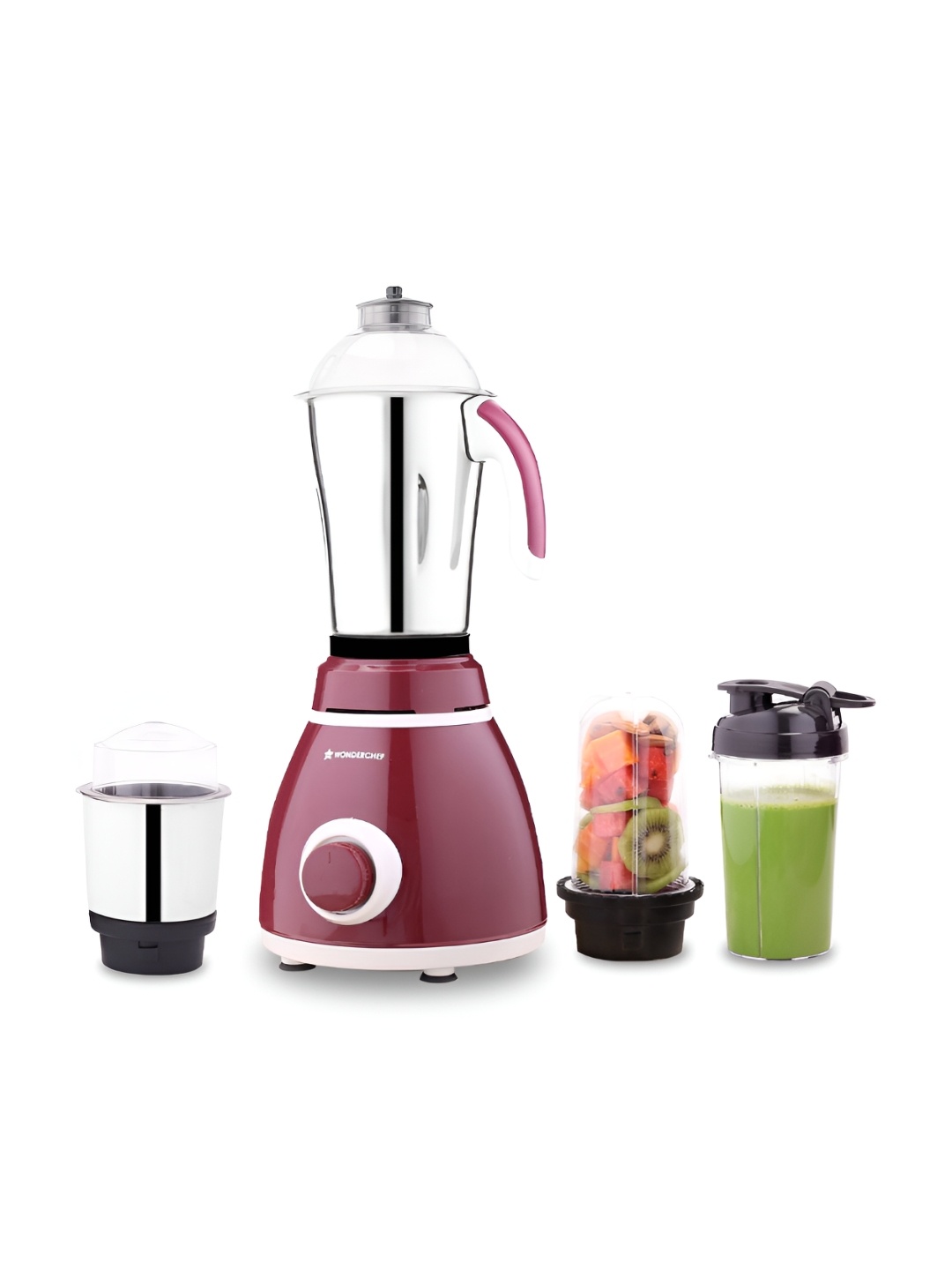 

Wonderchef Maroon & Silver Toned 750W Wet And Dry Grinder With Juicer