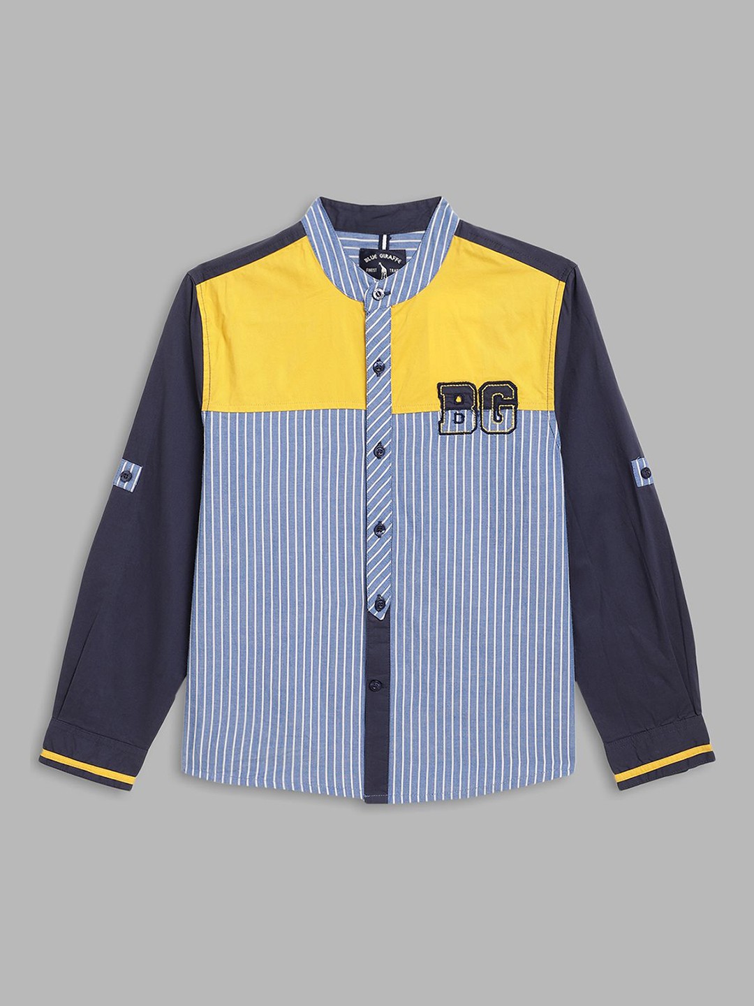 

Blue Giraffe Boys Band Collar Vertical Striped Cotton Casual Shirt