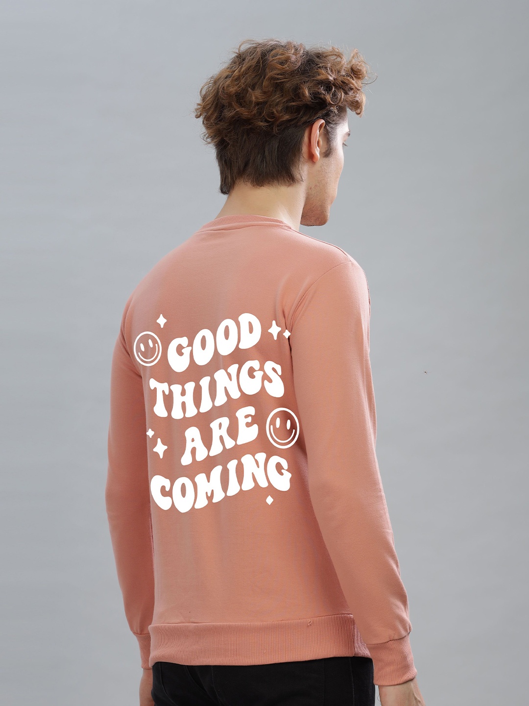 

FALTU.CO Men Typography Printed Round Neck Cotton Pullover Sweatshirt, Peach