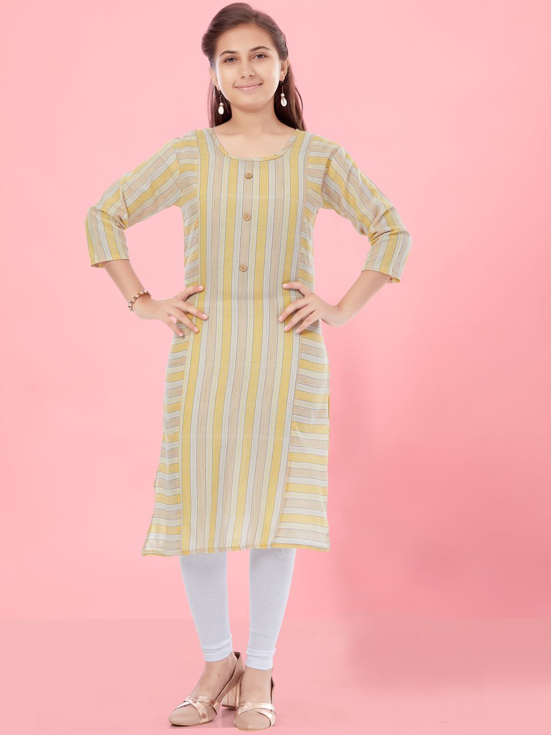 

BAESD Girls Striped Flared Sleeves Sequinned Kurta, Yellow