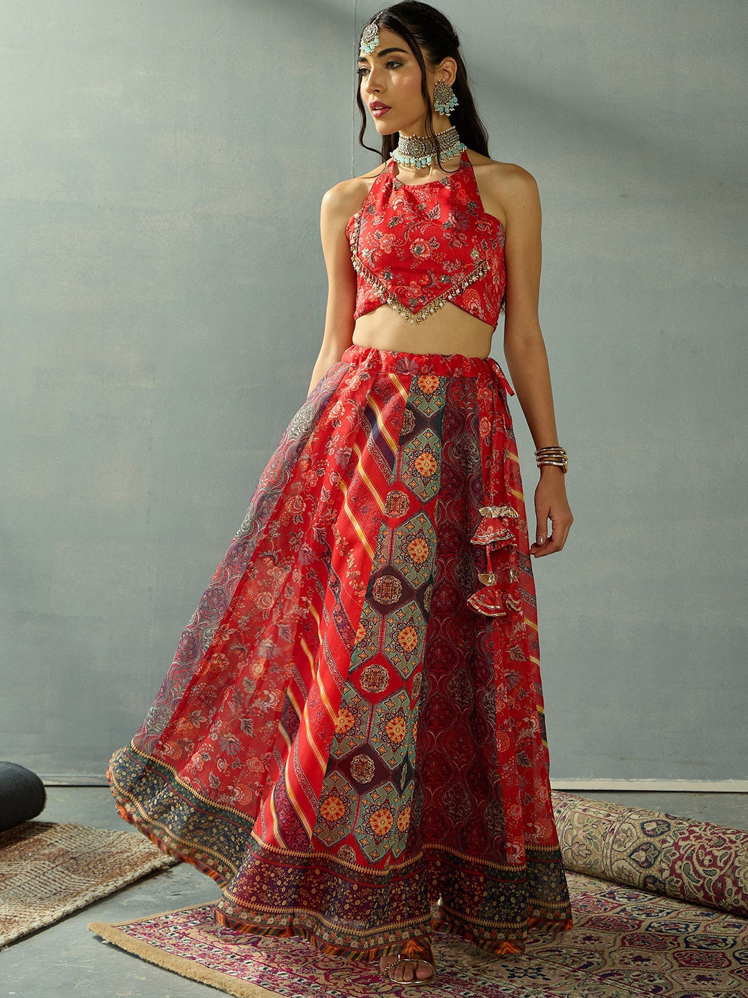 

Shae by SASSAFRAS Printed Beads and Stones Ready to Wear Lehenga &, Red