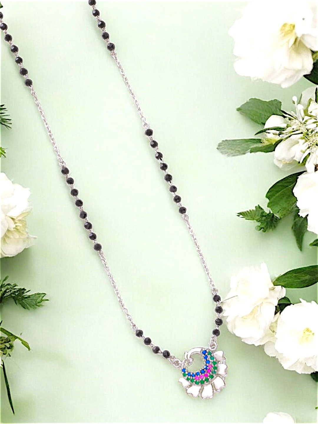 

Taraash 925 Sterling Silver Stone Studded & Beaded Peacock Pendant Mangalsutra