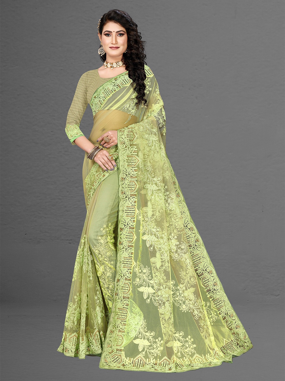 

Maroosh Embellished Beads and Stones Net Saree, Lime green