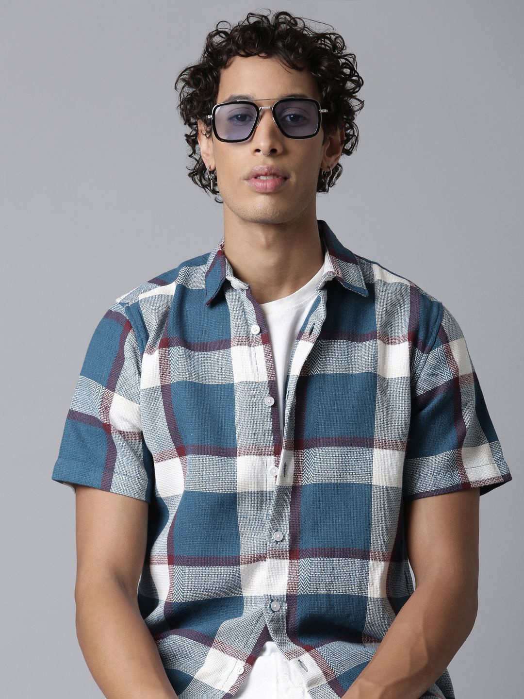 

ROLLER FASHIONS Men Spread Collar Checked Cotton Slim Fit Casual Shirt, Teal