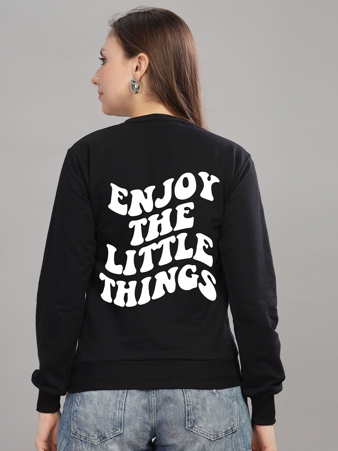 

FALTU.CO Women Typography Printed Round Neck Cotton Pullover Sweatshirt, Black