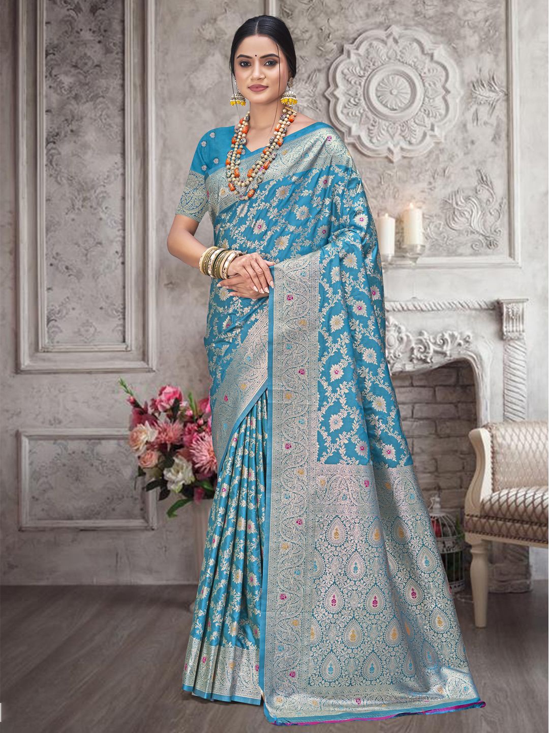 

SANGAM PRINTS Woven Design Zari Silk Blend Tussar Saree, Turquoise blue