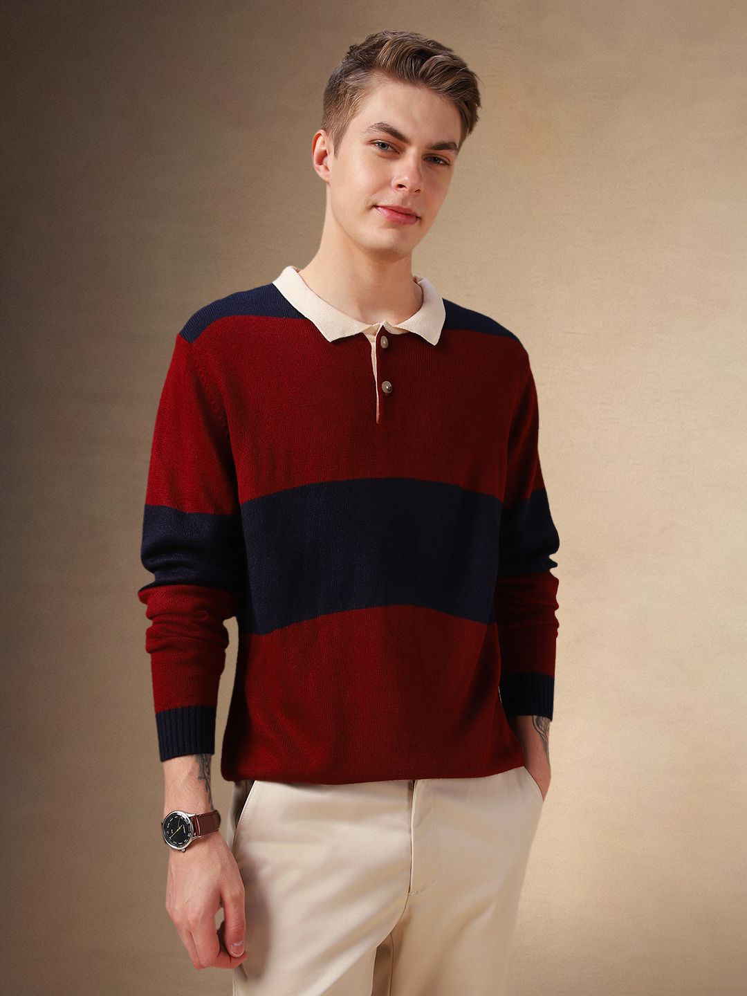 

Dennis Lingo Men Colourblocked Polo Collar Pullover Sweater, Maroon