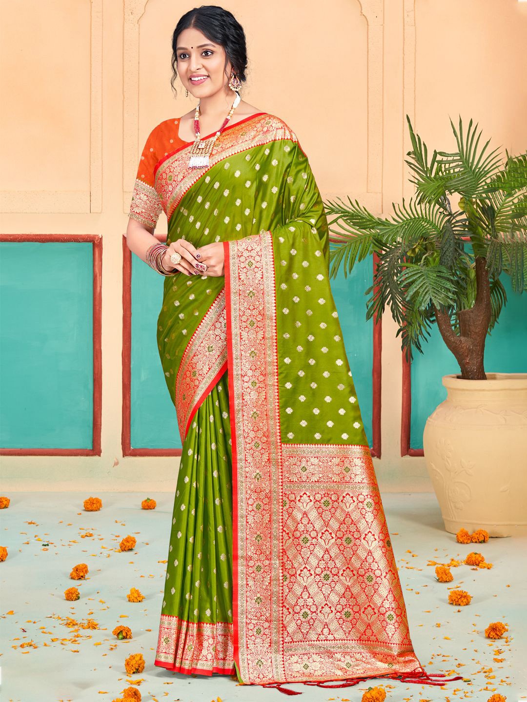 

SANGAM PRINTS Woven Design Zari Silk Blend Tussar Saree, Olive