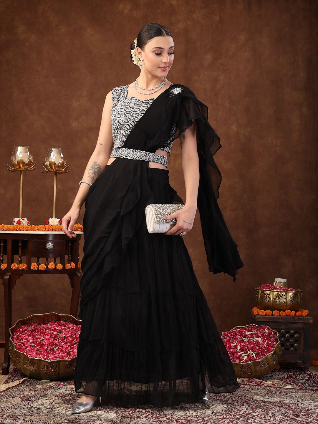 

Stylum Beads and Stones Ready to Wear Saree, Black