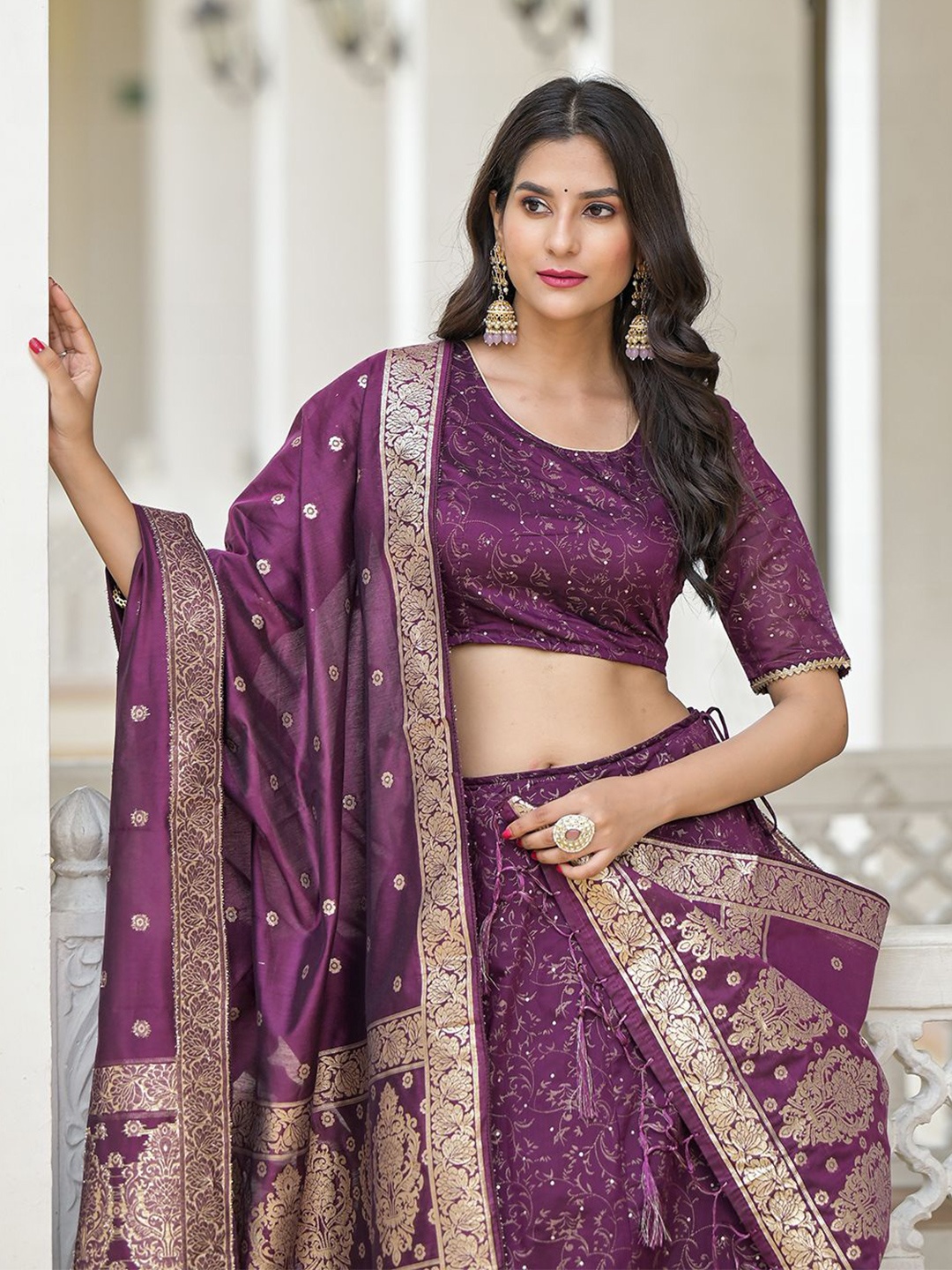 

AKS Mirror Work Foil Print Ready to Wear Lehenga & Blouse With Dupatta, Violet