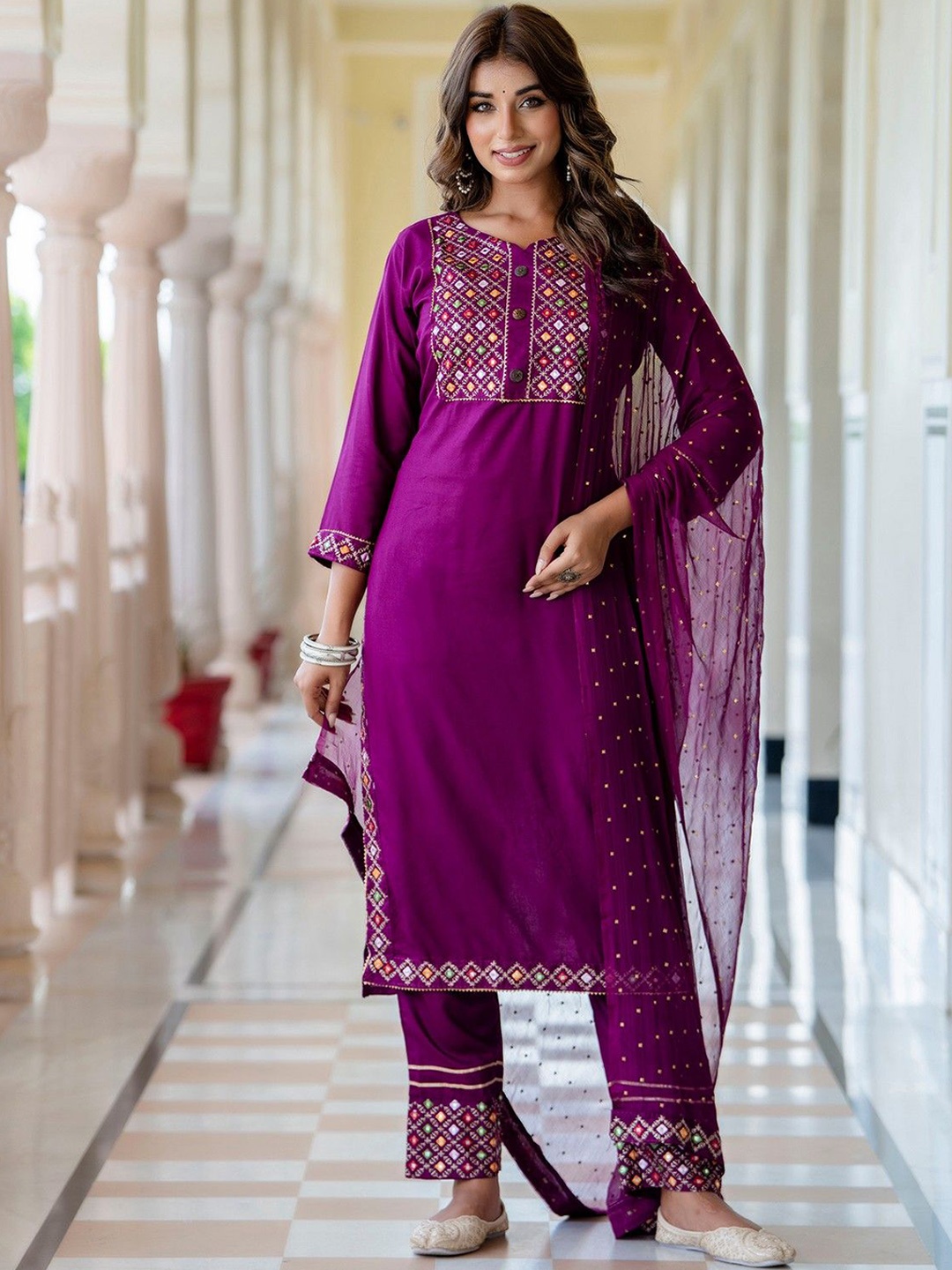 

KALINI Women Embroidered Regular Mirror Work Kurta with Trousers & With Dupatta, Purple