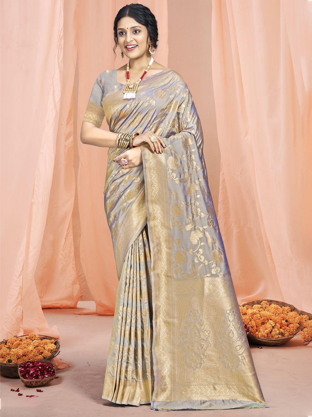 

SANGAM PRINTS Woven Design Zari Tussar Saree, Grey