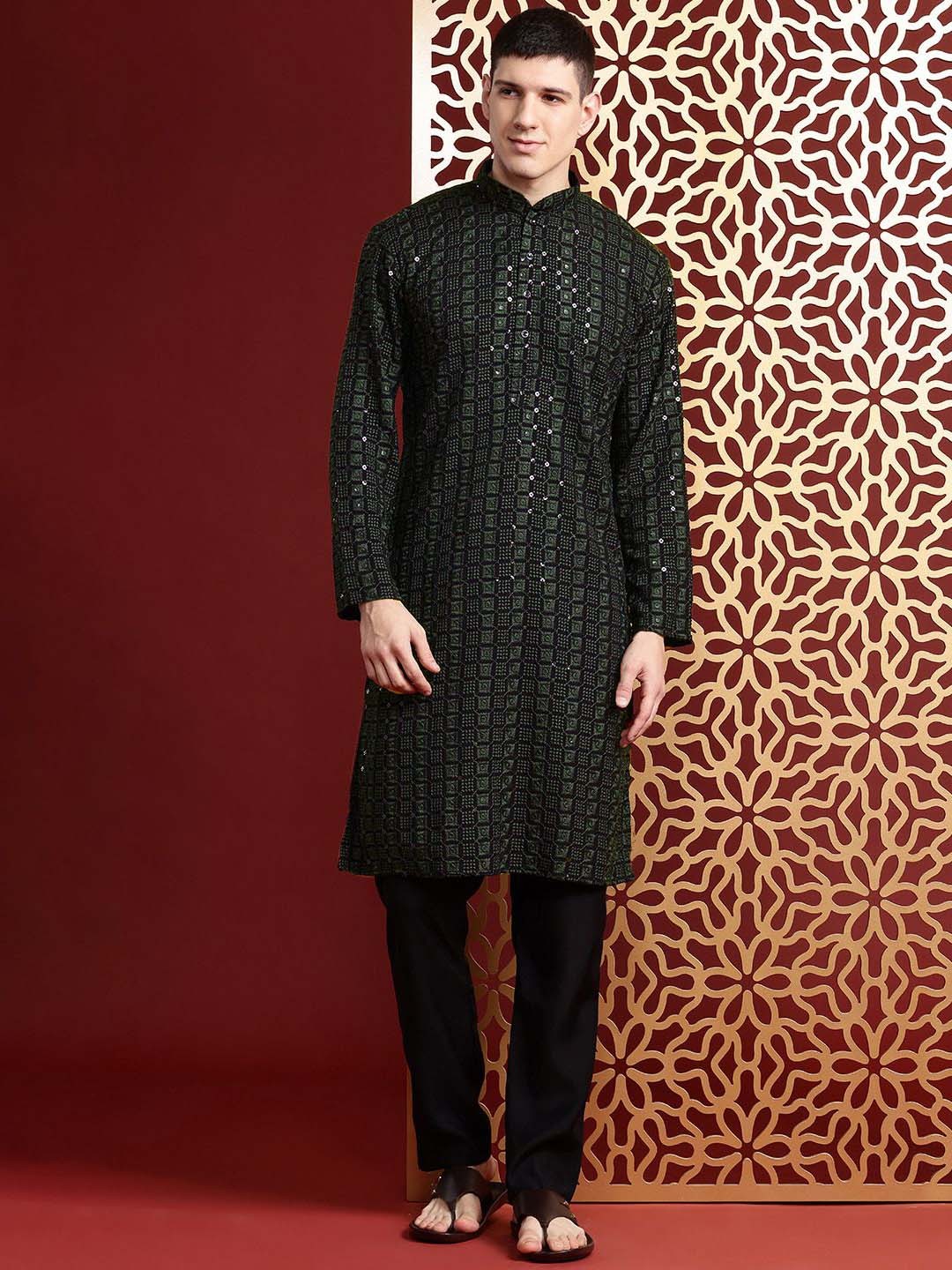 

MANQ Geometric Embroidered Mandarin Collar Sequins Straight Kurta, Olive