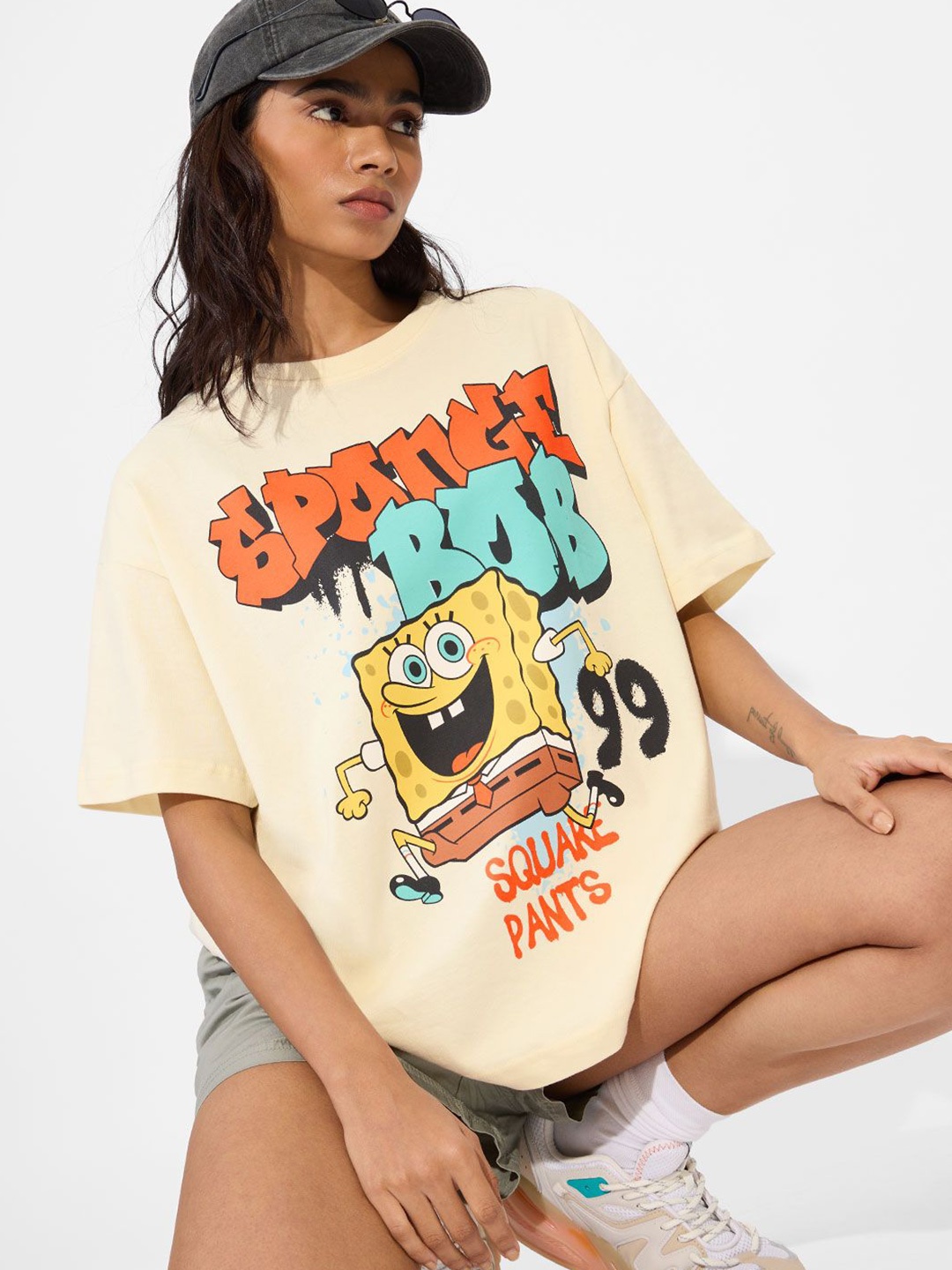 

The Souled Store Women Typography Spongebob Printed Cotton T-shirt, Cream