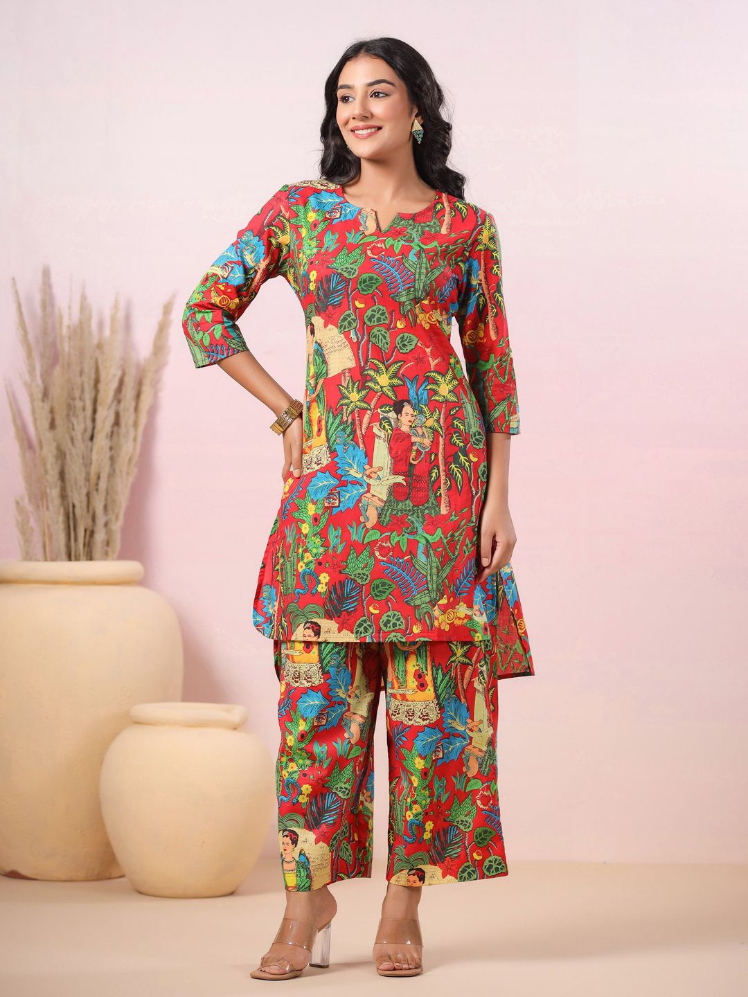 

LYFJ Printed Pure Cotton Tunic & Trousers Co-Ords, Red