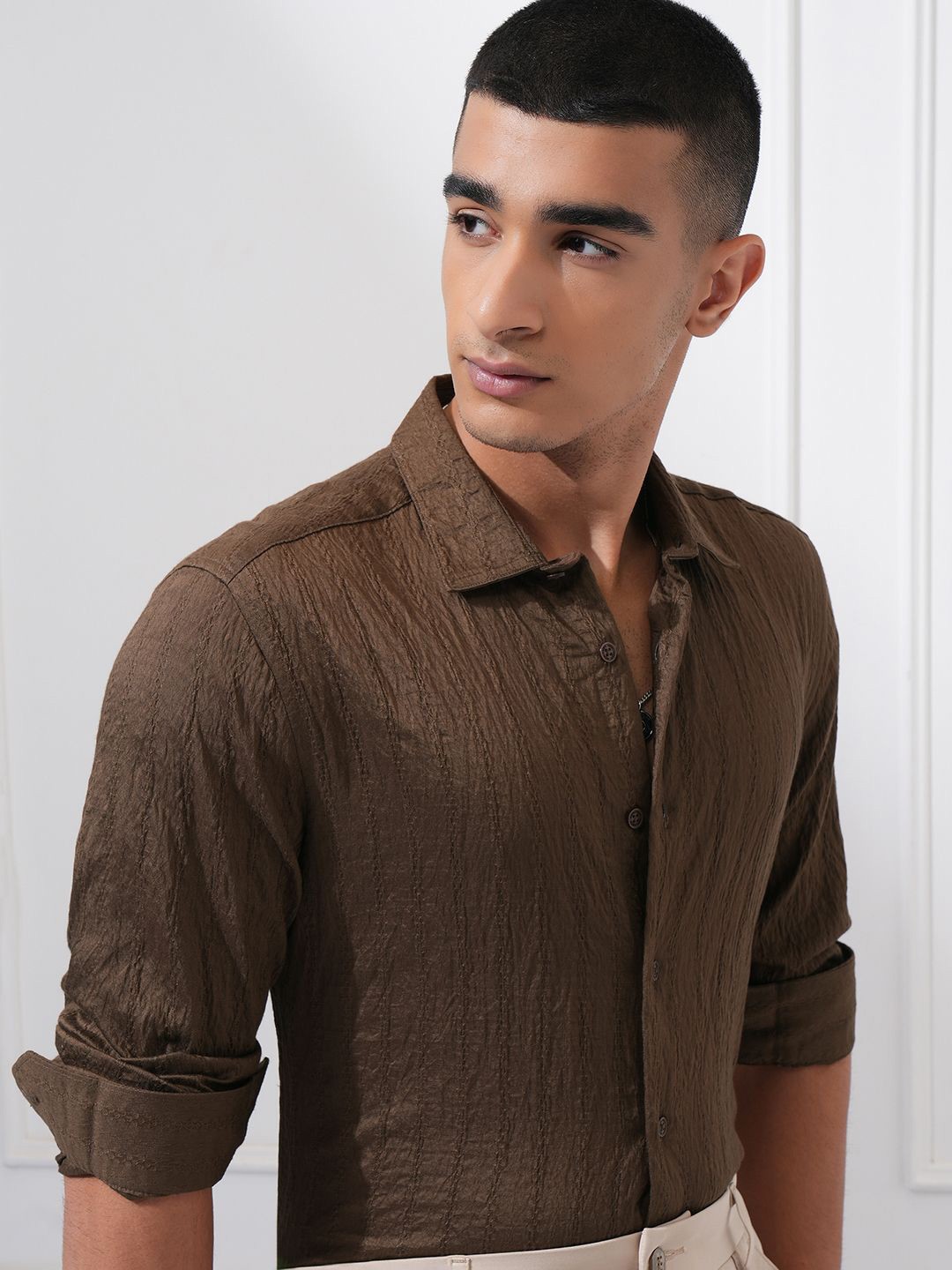 

Highlander Men Jacquard Textured Solid Occasion Shirt, Brown