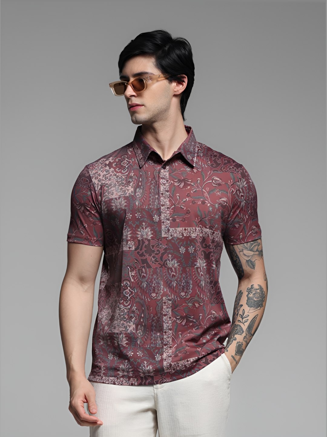 

Jack & Jones Men Floral Printed Polo Collar Cotton T-shirt, Maroon