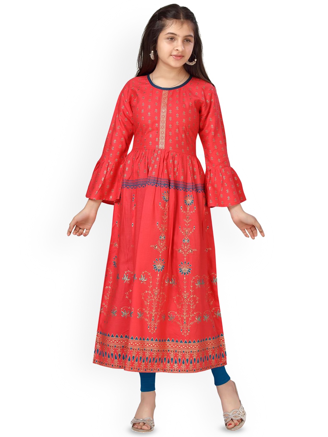 

BAESD Girls Floral Printed Flared Sleeves Gotta Patti Anarkali Kurta, Red