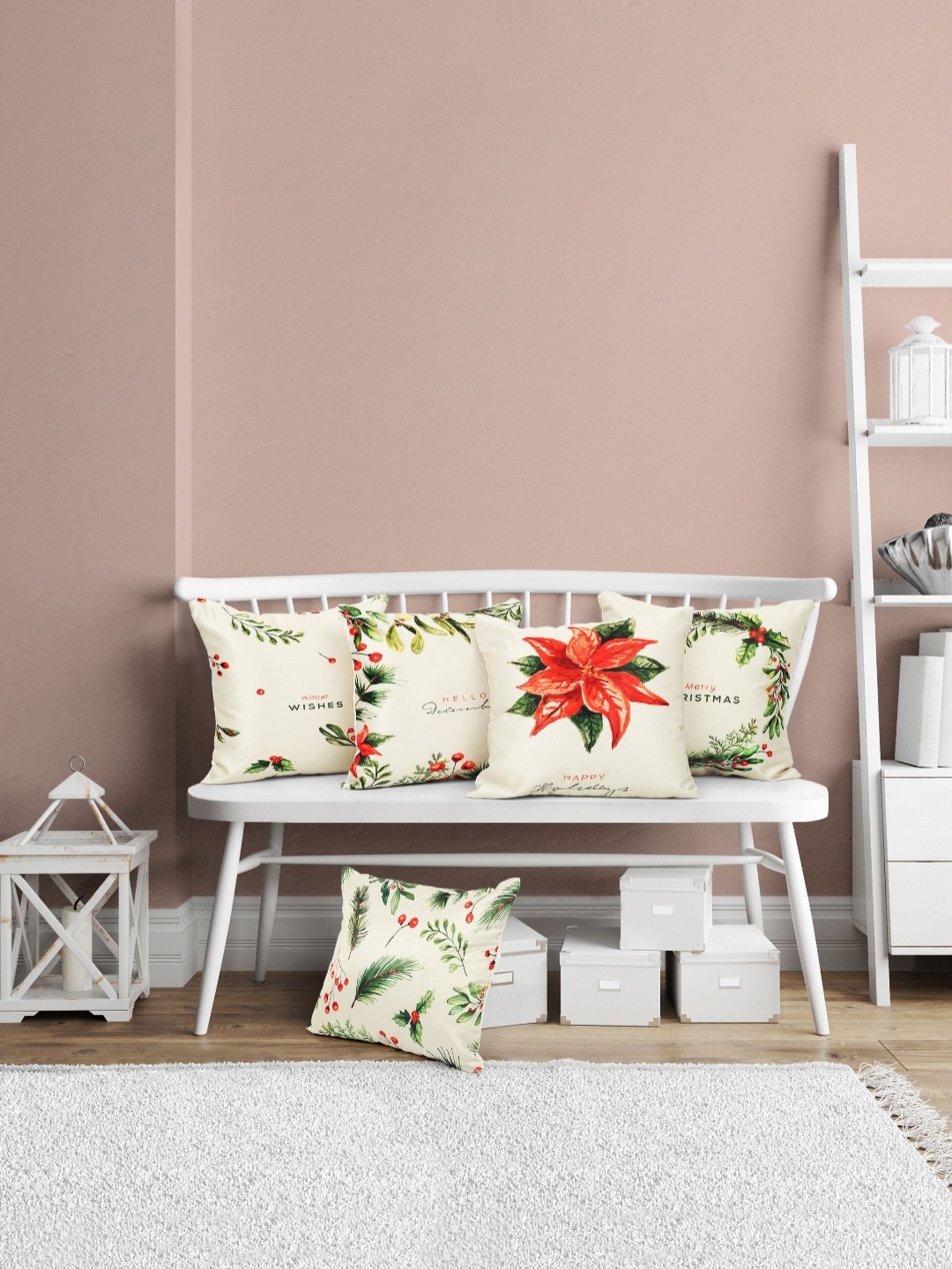 

Vendola White & Red 5 Pieces Floral Printed Satin Square Cushion Covers