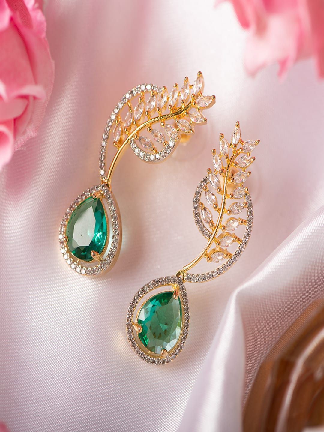 

SHARLEEZ Rhodium-Plated American Diamond Studded Leaf Shaped Drop Earrings, Gold