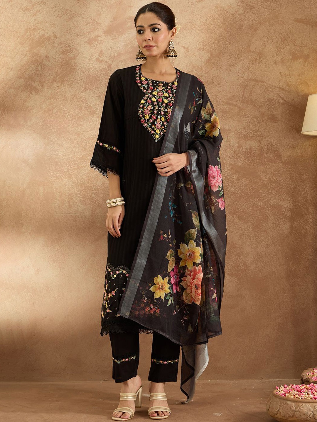 

Indo Era Women Floral Embroidered Pure Cotton Kurta with Trousers & Dupatta, Black