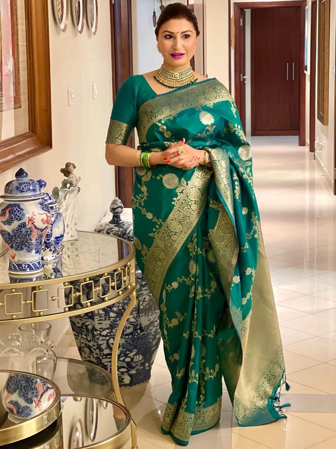 

Kandora Woven Design Zari Pure Silk Banarasi Saree, Teal